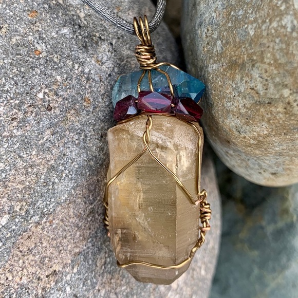 Hand Crafted Jewelry - Aqua Aura, Citrine & Garnet Bead Pendant